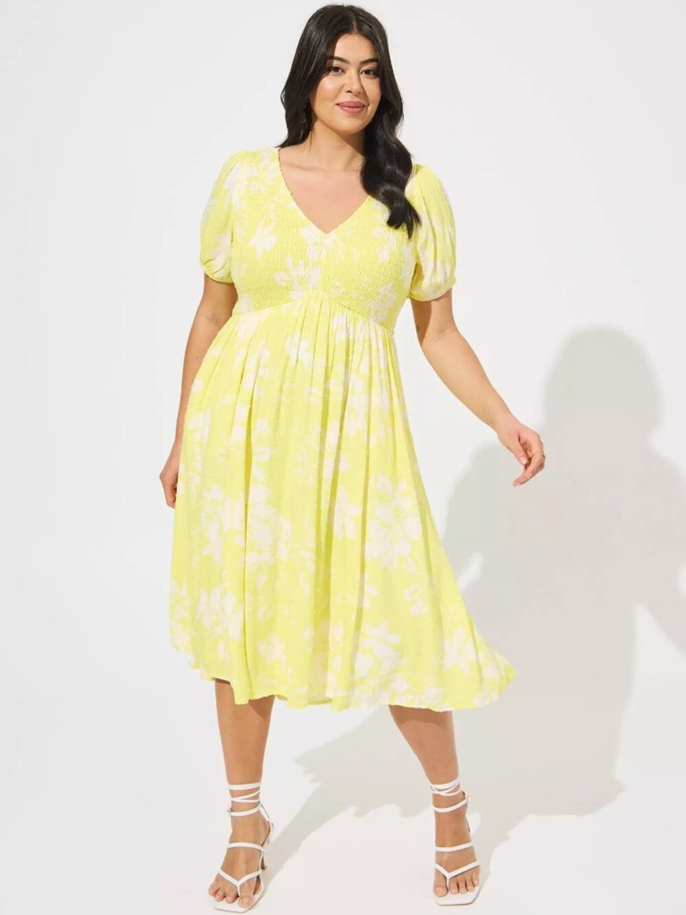 Torrid Swiss Dot Midi Shirred Dress Emma Floral V-Neck Pockets Size 2/2X NWT
